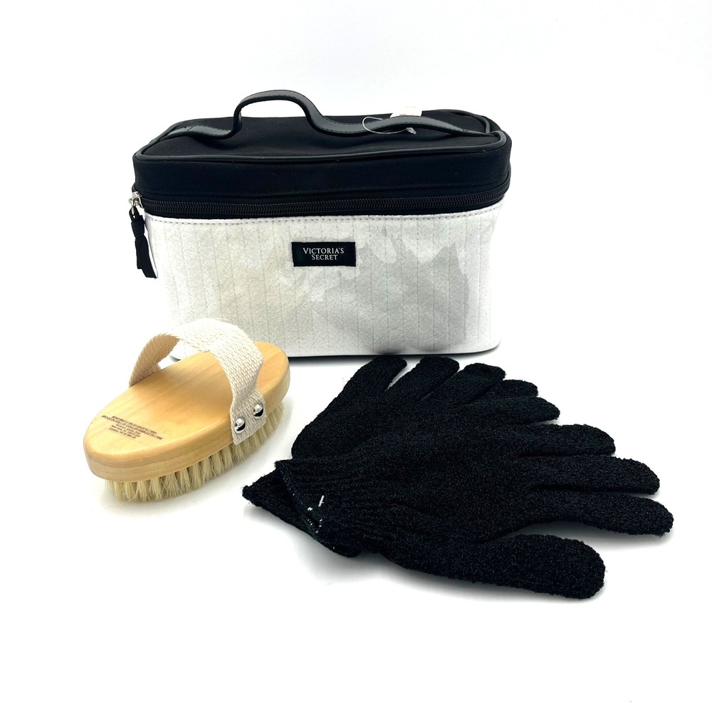 Victoria's Secret Travel Bag Shower Kit with Brush & Gloves White and Black